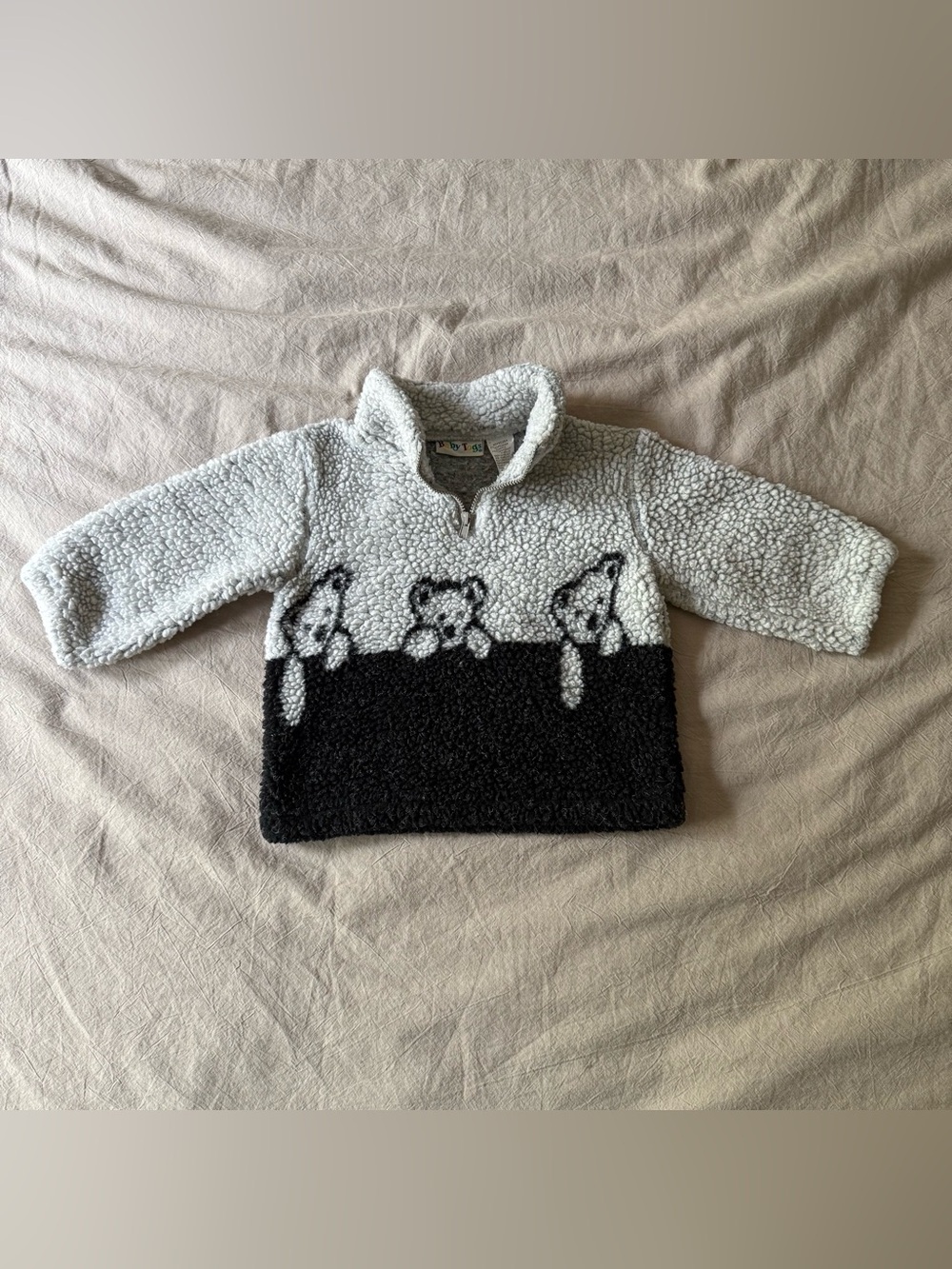 Vintage Baby Togs Bear Sherpa Pullover 6/9 Months Light Gray & Black